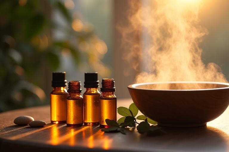 Atmosphère apaisante avec huiles essentielles en séance d'aromathérapie