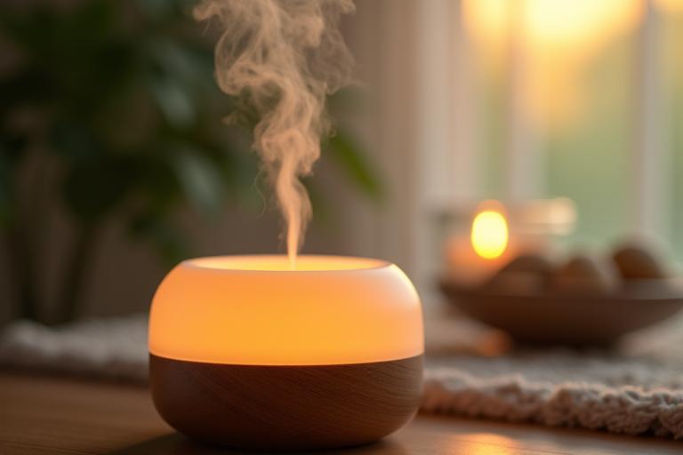 Atmosphère calme et parfumée avec diffuseur d’huiles essentielles pour une séance d’aromathérapie